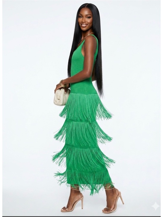 Vici Dresses & Skirts - Vici Sunset Spritz Great Gatsby Tiered Fringe Maxi Vibrant Green Knit Dress M